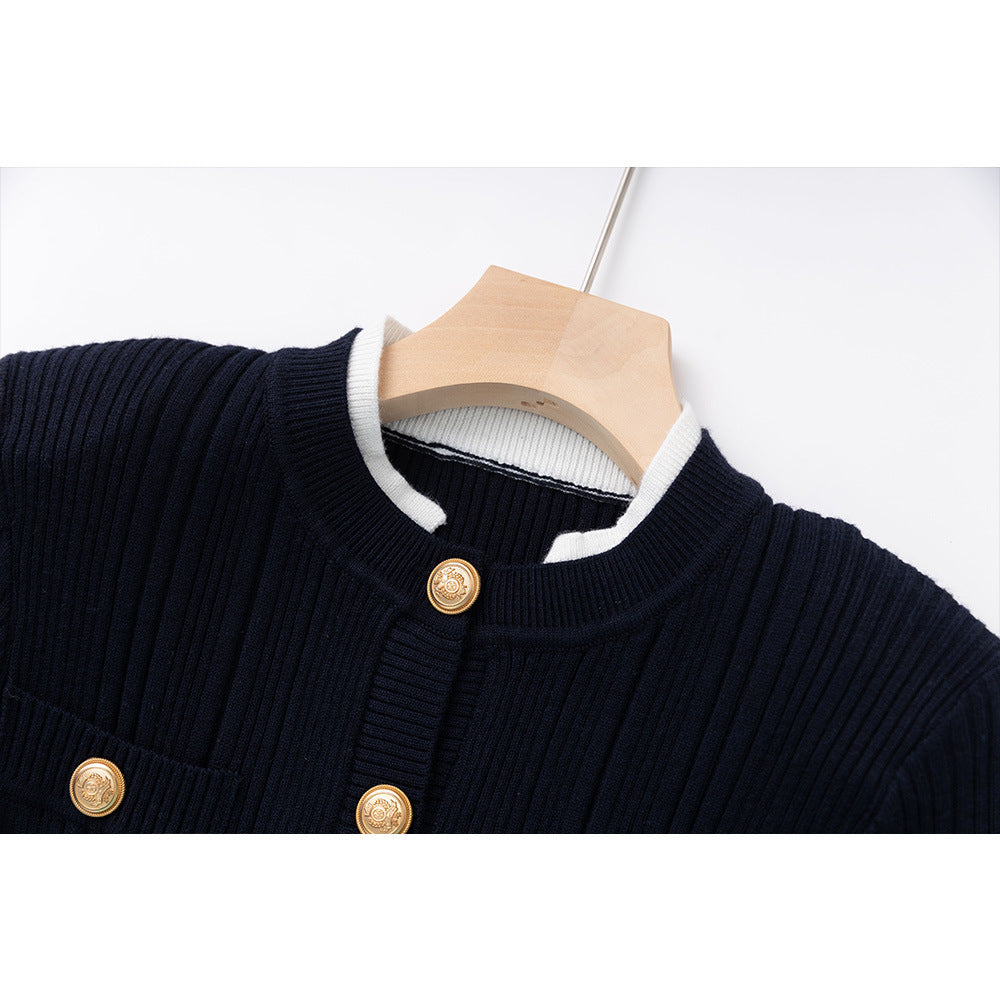French Style Contrast Color Round Neck Knitted Dress Dresses