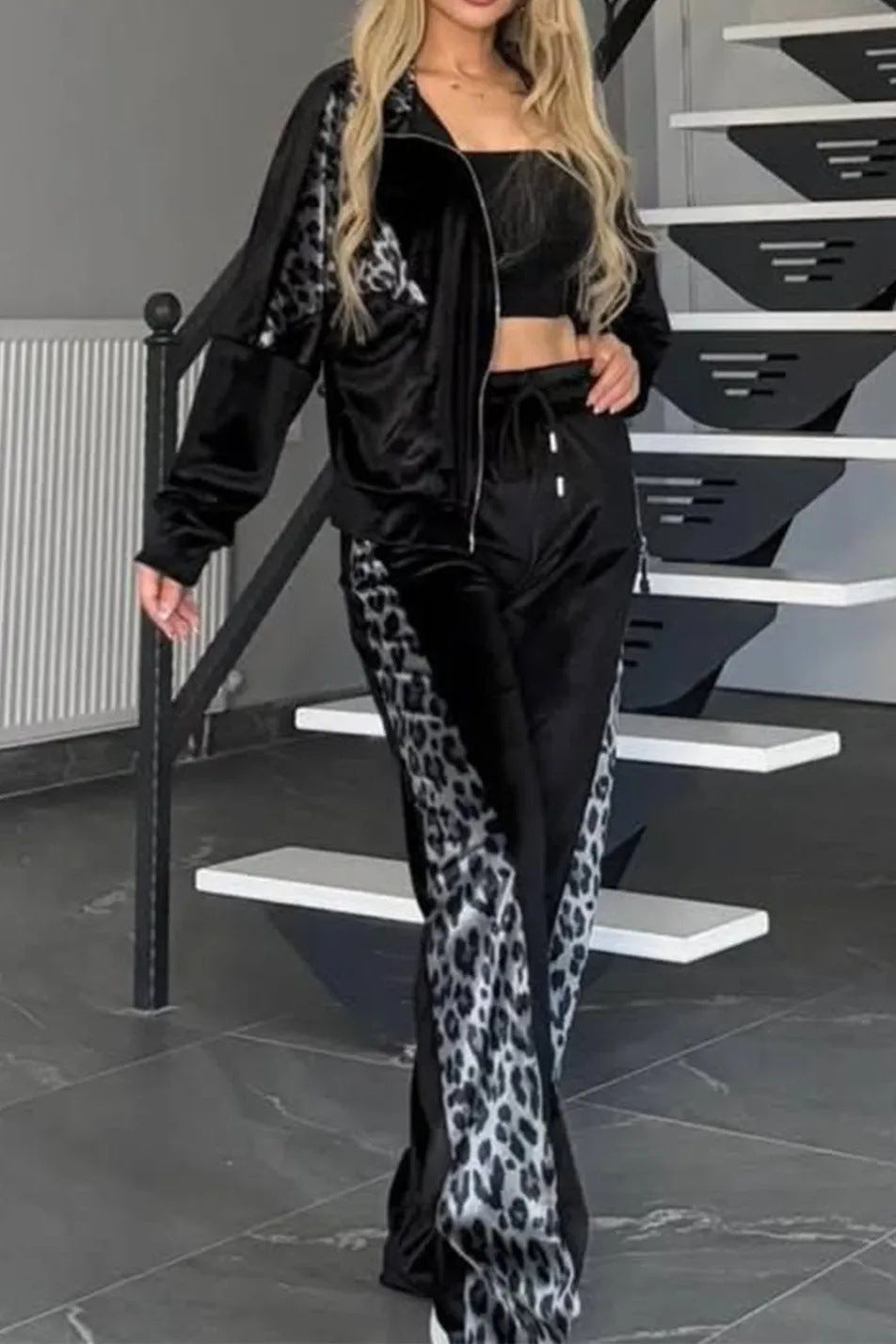 Women's Leopard Veet Casual Fashion Sports Set Suits