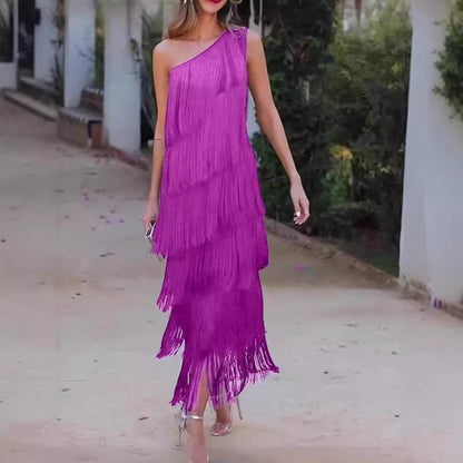 Classy Fashion Tassel Shoulder Asymmetric Dress Dresses