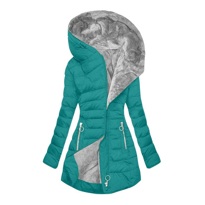 Women's Plush Hooded Mid-length Oblique Zipper Coats