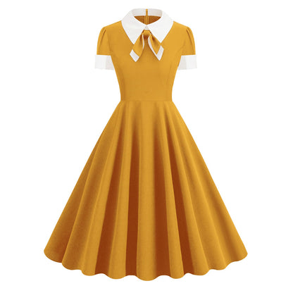 Collar Bow Contrast Color Sleeve Retro Dresses