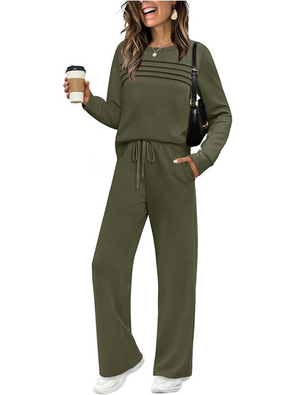 Women's Autumn Long Sleeve Round Neck Casual Elastic Waist Trousers Suits