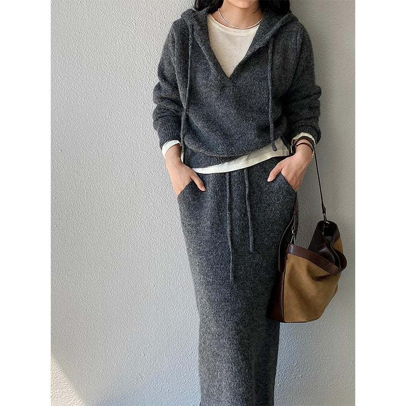 Women's Knitting Hooded Two-piece Set High Sense Cardigans