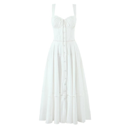Women's Dignified Hollow Stitched Backless Large Swing Waist Trimming Spaghetti Dresses