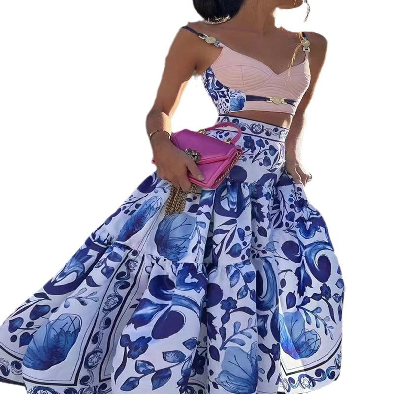 Printed Suspender Large Swing Dress Two-piece Dresses