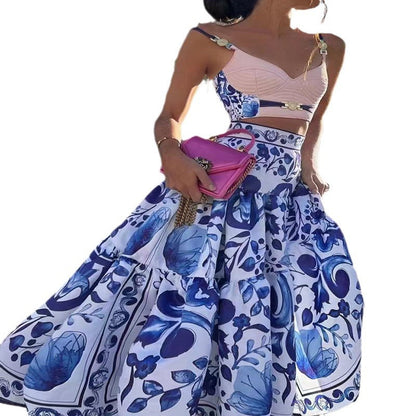 Printed Suspender Large Swing Dress Two-piece Dresses