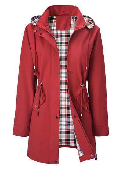 Women's Hooded Drawstring Plaid Lined Trench Coats