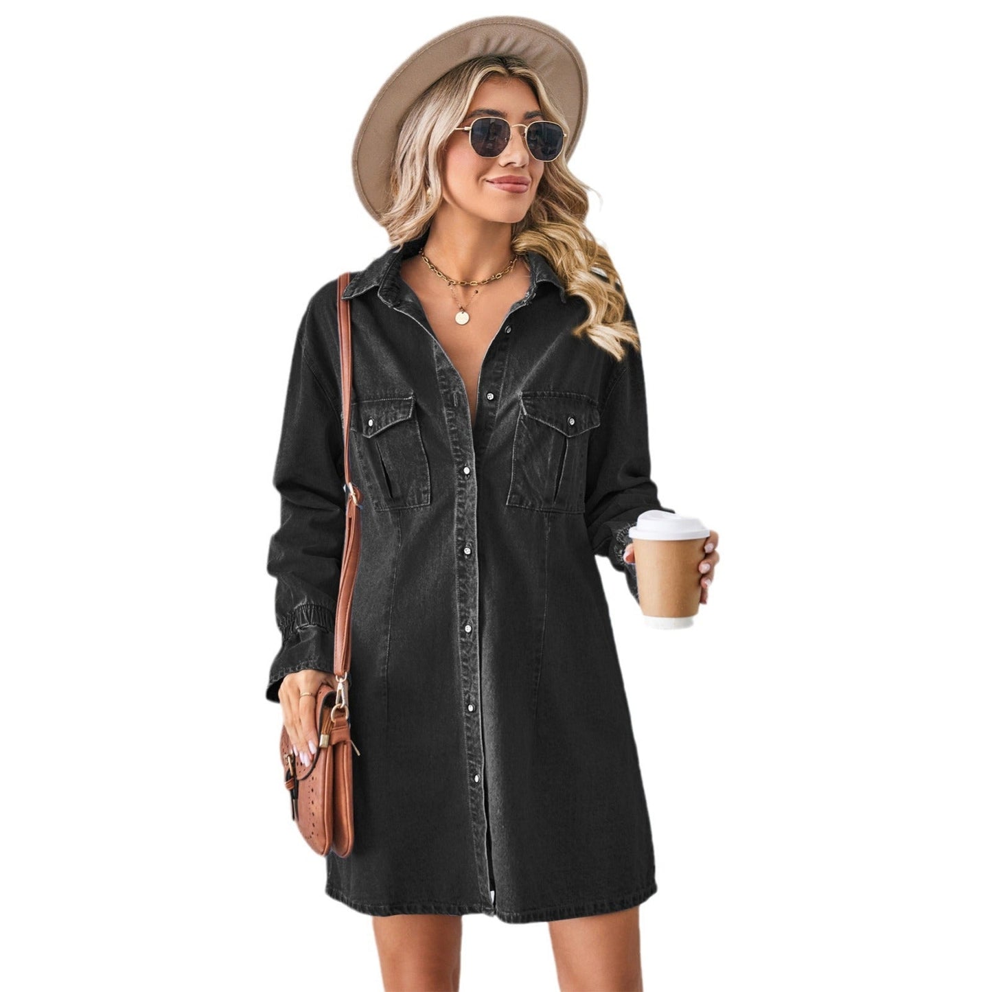Elegant Loose Wash Denim Dress Midi Tops