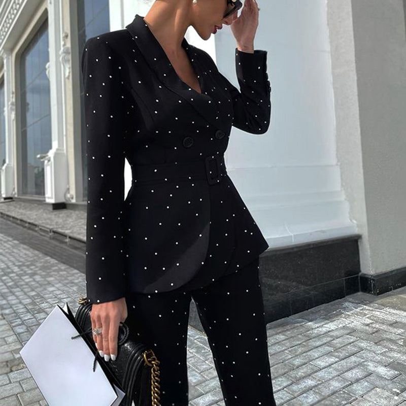 Women's Black Polka Dot Long Sleeve Two-piece Suits