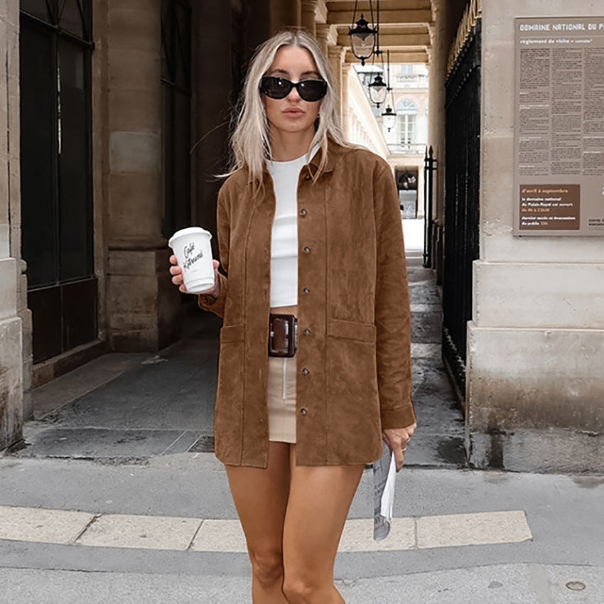 Women's Suede Autumn Fashion Loose Design Lapel Coats