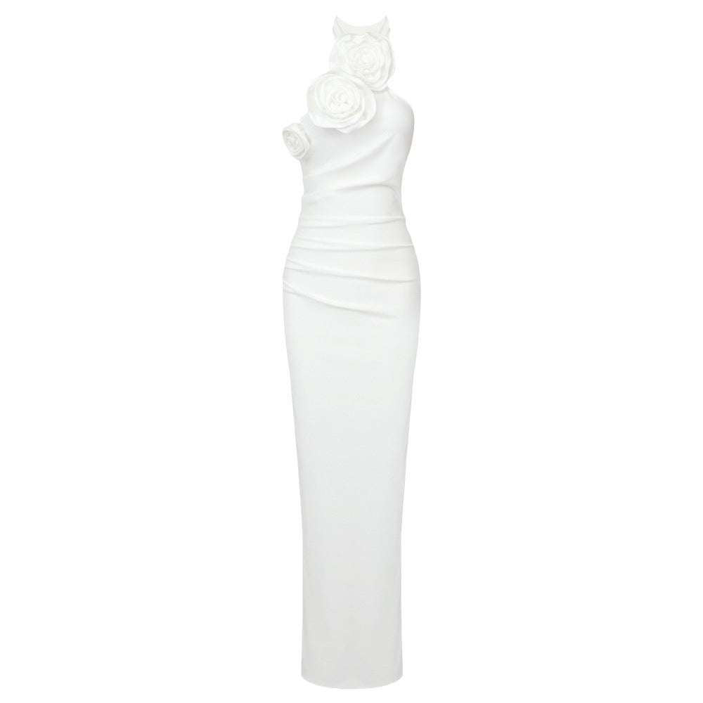 Women's Ribbon Flower Long Halter High-grade Dress Dresses