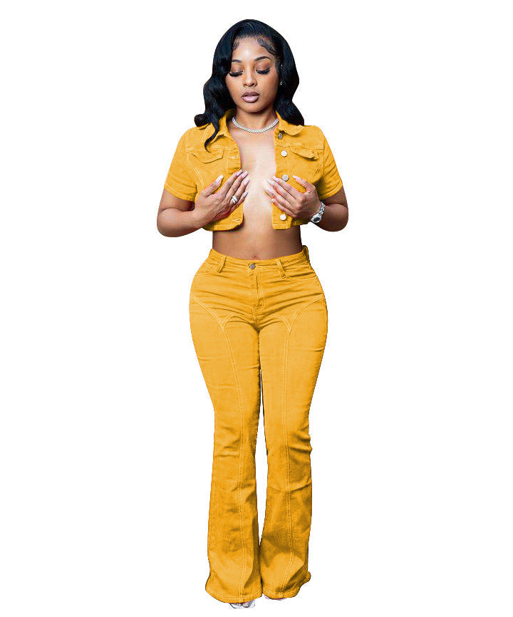 Denim Sleeve Color Small Horn Elastic Suits