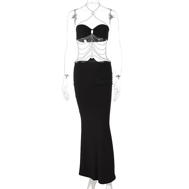 Women's Hot Metal Chain Halter Wrapped Chest Dresses