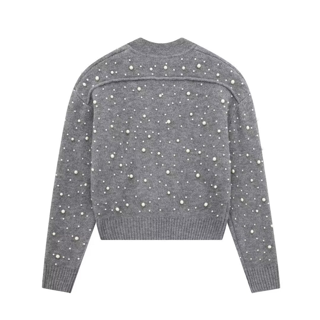 Trendy Autumn Decorated Pearls Knitted Bomber Jackets