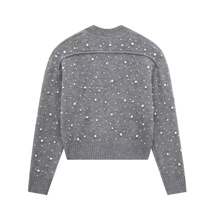 Trendy Autumn Decorated Pearls Knitted Bomber Jackets