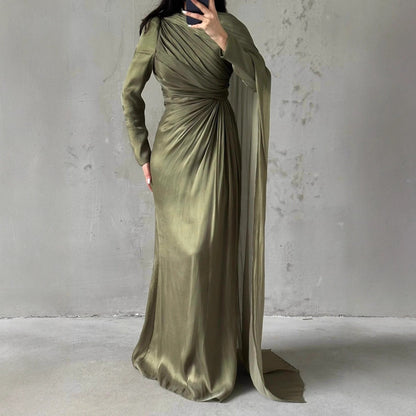 Women's Elegant Irregular Pleated Slim Green Dress Dresses