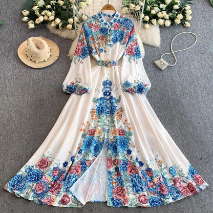 Women's Lantern Long Sleeve Single-breasted Printed Dress Dresses