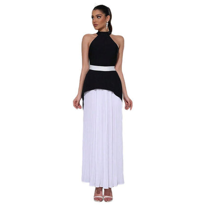 Women's Luxury Black White Contrast Color Long Pleated Skirts
