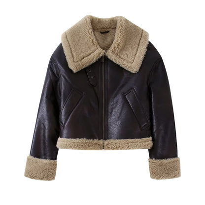 Women's Fur Thickened Solid Color Polo Collar Jackets