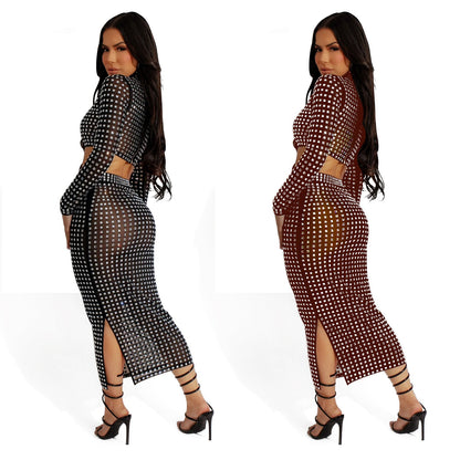 Women's Wear Solid Color Rhinestone Mesh Two-piece Dresses