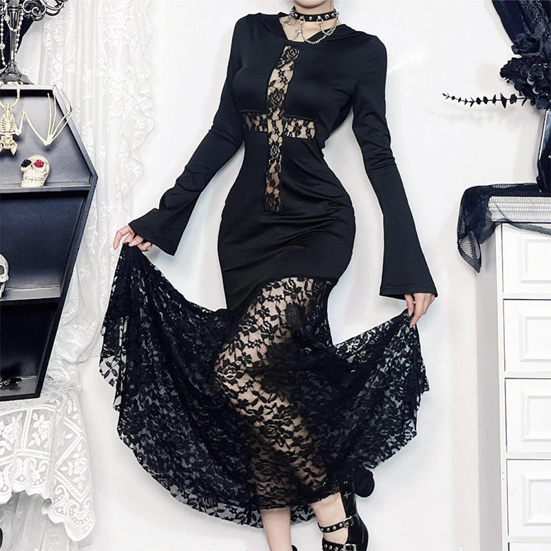 Women's Elegant Hooded Lace Cross Hollow Out Dresses