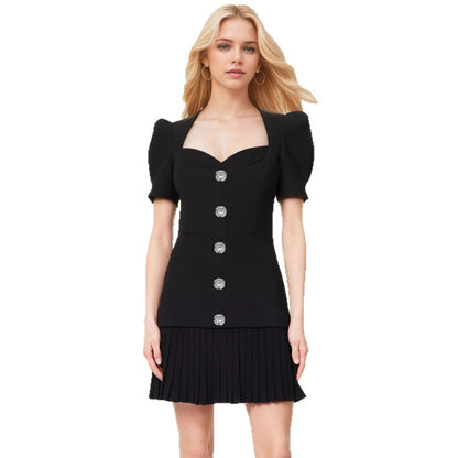 Women's Vintage Style Single-breasted Black Dress Button Dresses