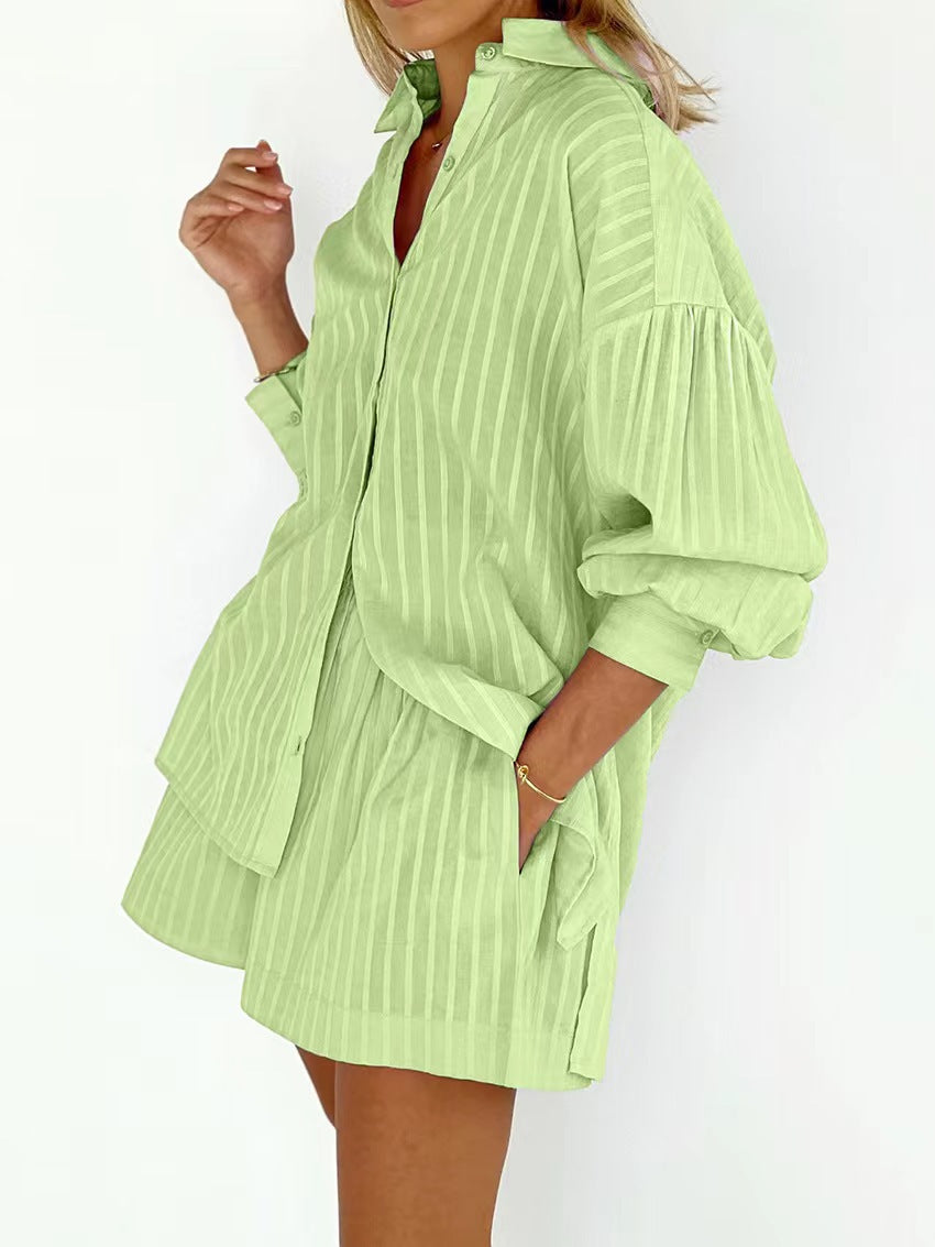 Women's Cotton Jacquard Striped Lapel Puff Sleeve Suits