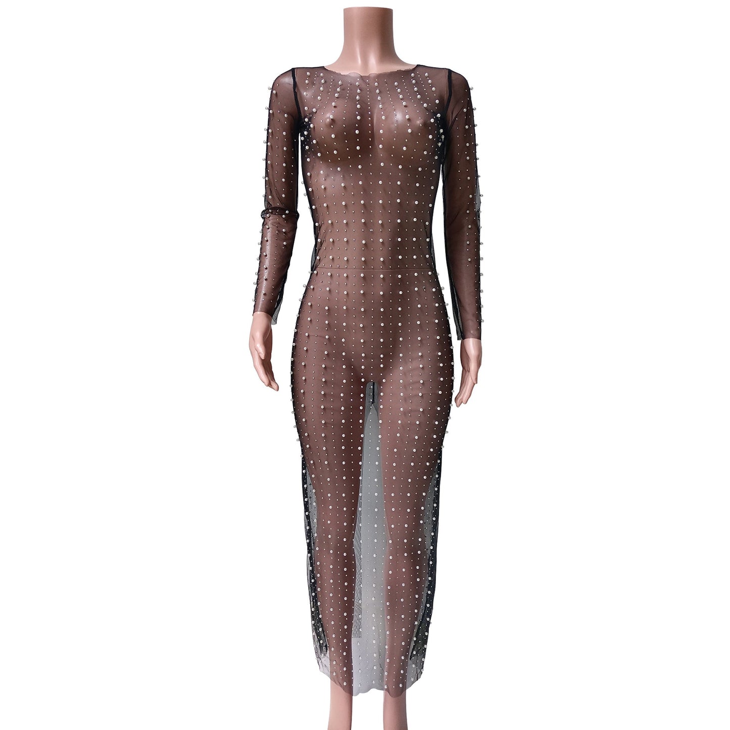Fashion Sexy Beaded Rhinestone Mesh Long Dresses