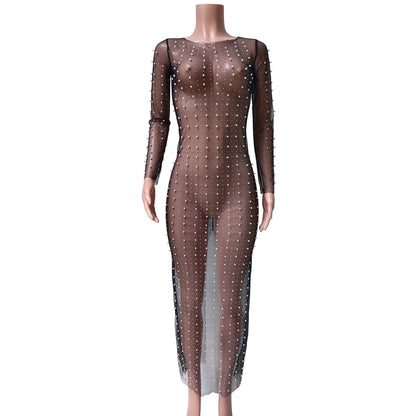 Fashion Sexy Beaded Rhinestone Mesh Long Dresses