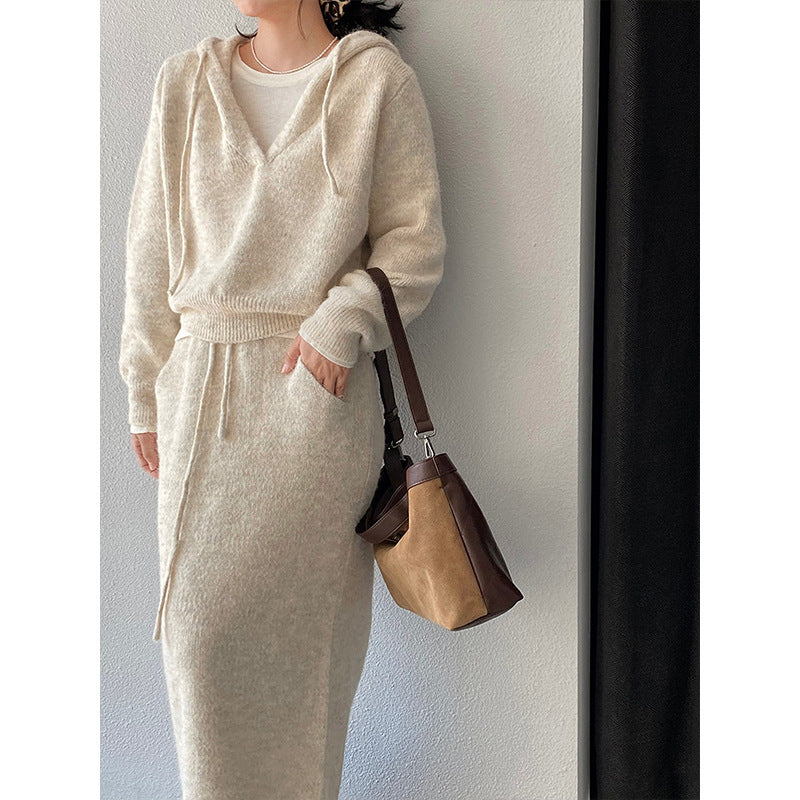 Women's Knitting Hooded Two-piece Set High Sense Cardigans