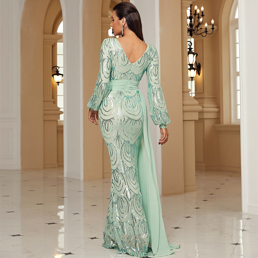 Women's Long Sleeve Sexy Sequined Banquet Ribbon Dresses