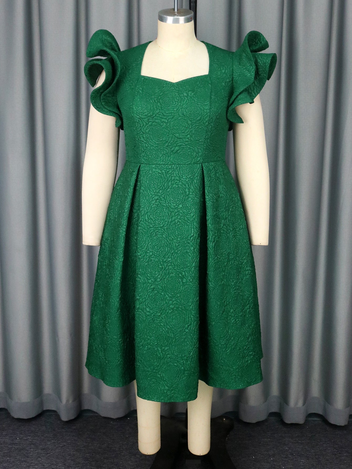 Elegant Jacquard Square Collar Dress Lotus Leaf Three-dimensional Dresses