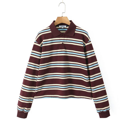 Women's Lapel Loose Casual Striped Long-sleeved T-shirt Blouses