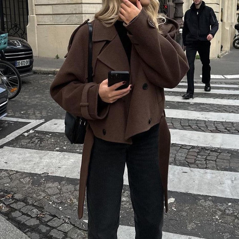 Women's Large Lapel Woolen Fashion Belt Overcoat Coats