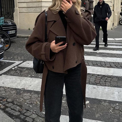 Women's Large Lapel Woolen Fashion Belt Overcoat Coats