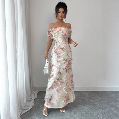 Women's Romantic Ruffled Cinched Mesh Floral Dress Dresses