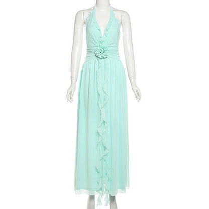 Women's Three-dimensional Flower Flexible Ruffled Design Halter Dresses