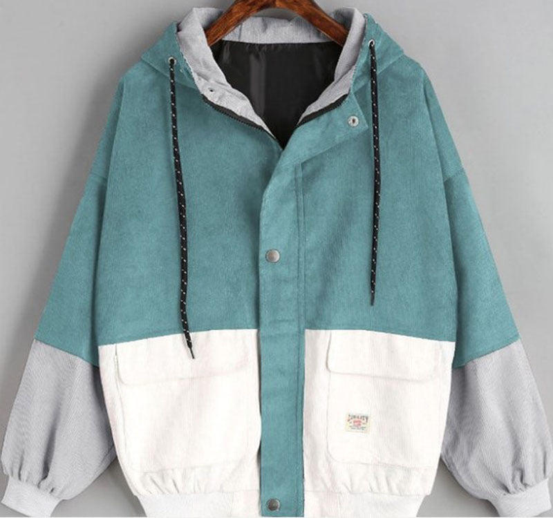 College Style Loose Color Matching Hooded Coats