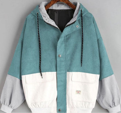 College Style Loose Color Matching Hooded Coats