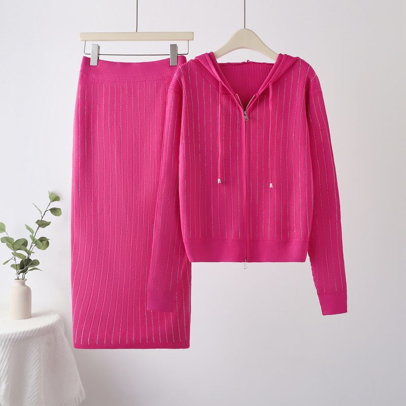 Women's Casual Hot Drilling Hooded Two-piece Dress Suits