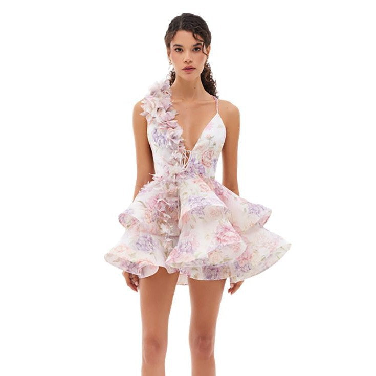 Print Slim Bud Swing Dress Sleeveless Sling Backless Skirts