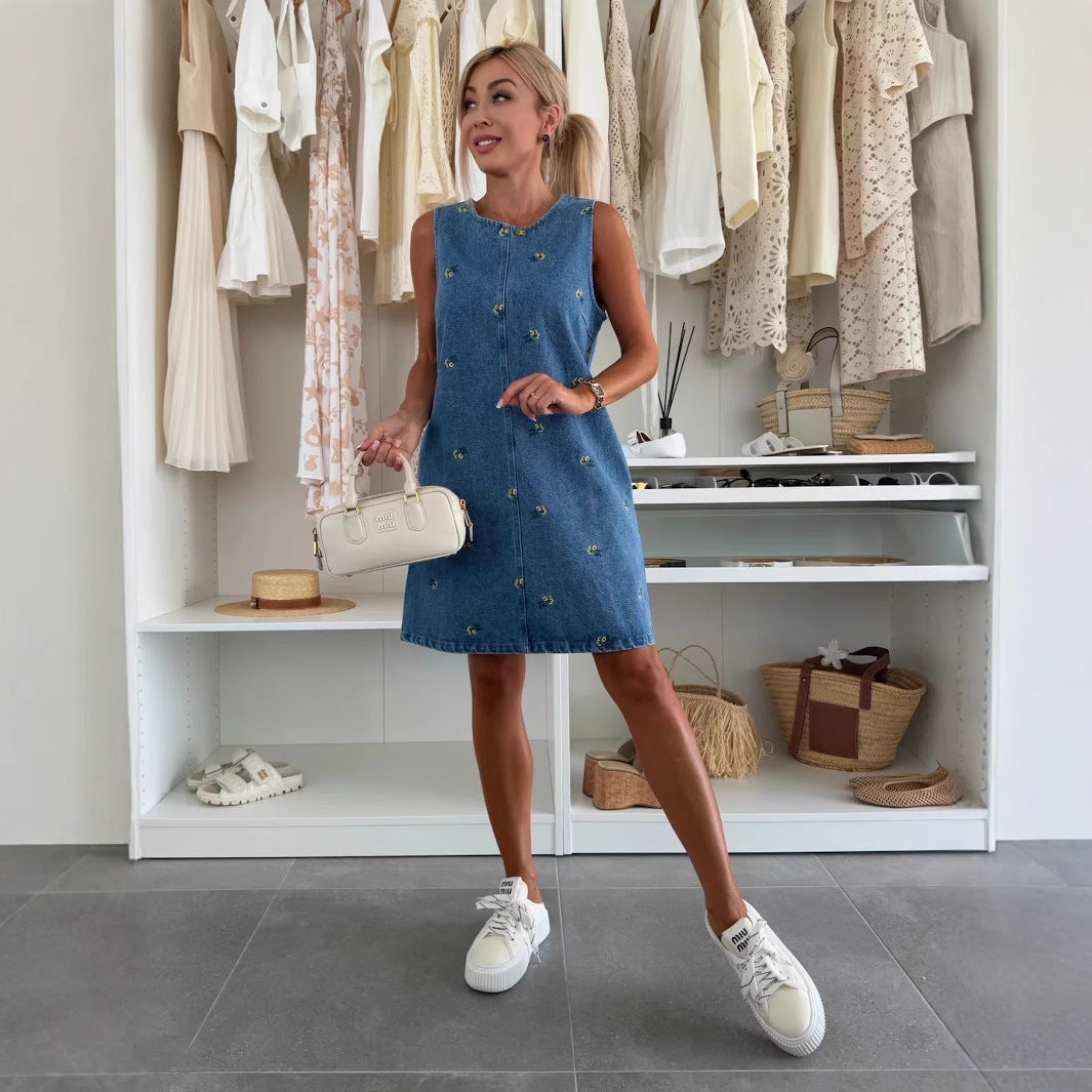 Fashion Casual Floral Loose Denim Sleeveless Dresses
