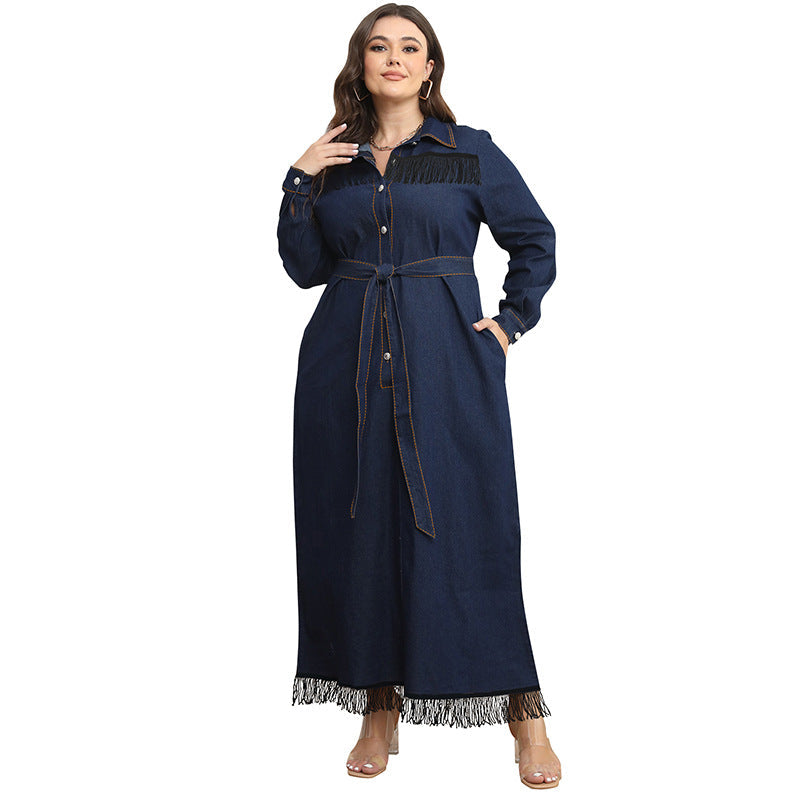 Women's Denim One-piece Dress Tassel Long Sleeve Dresses
