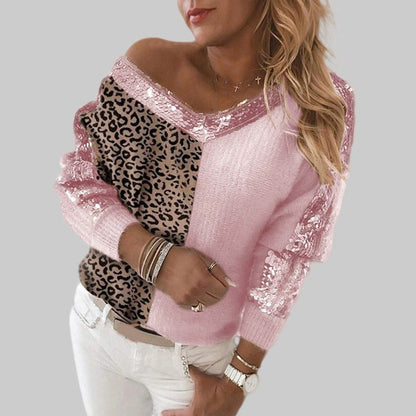 Women's Sequins Stitching Leopard Print Elegant Pullover Sweaters