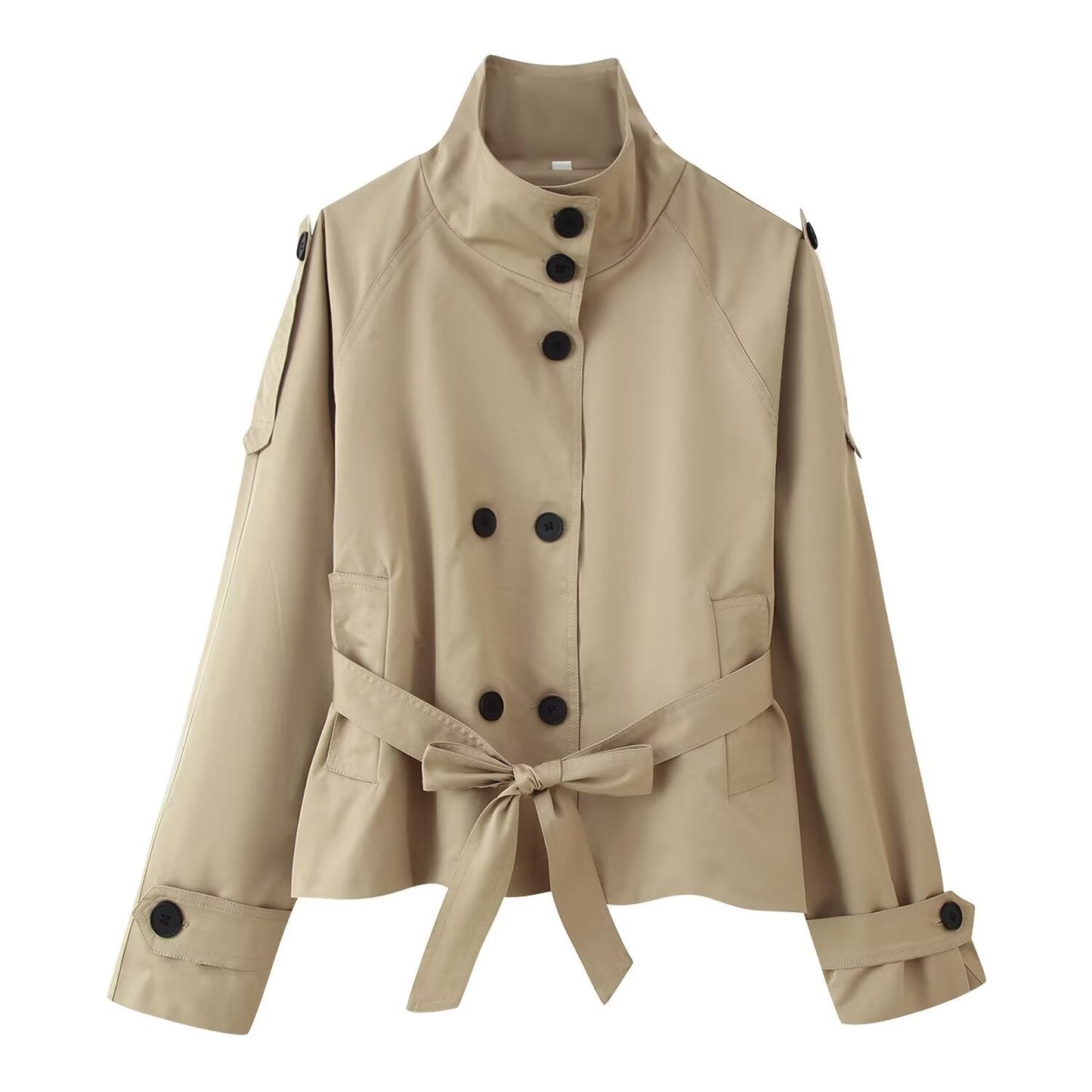 Women's Collar Long Sleeve Double Breasted Knotted Pocket Casual Coats