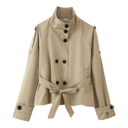 Women's Collar Long Sleeve Double Breasted Knotted Pocket Casual Coats