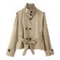 Women's Collar Long Sleeve Double Breasted Knotted Pocket Casual Coats
