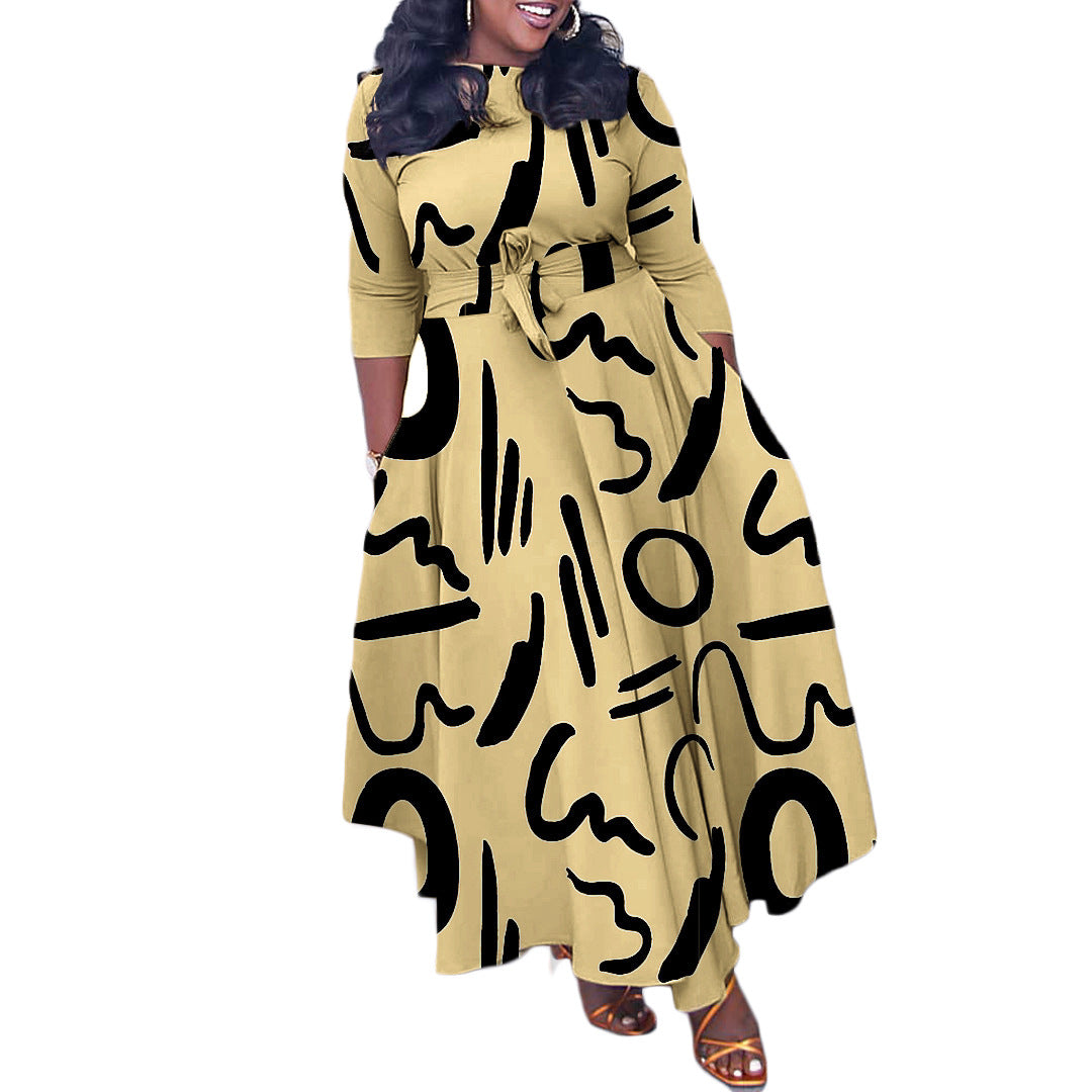 Women's Fashion Elegant Tied Printed African Mid-length Dresses