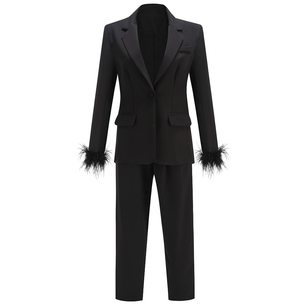 Lapel Slimming Niche Black Casual Rhinestone Furry Trousers Suits