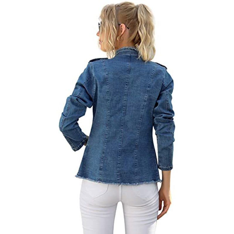Women's Denim Cat Beard Single-breasted Stand-up Collar Thin Jackets